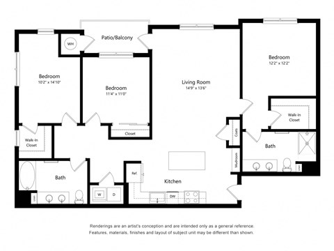 Floor plan for 3 beds, 2 baths, 1395 sqft